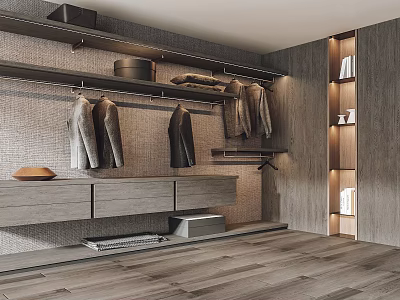 Stylish Modern Walk-in Closet Interior With Hanging Clothes Shelves And Wooden Cabinets 3d model