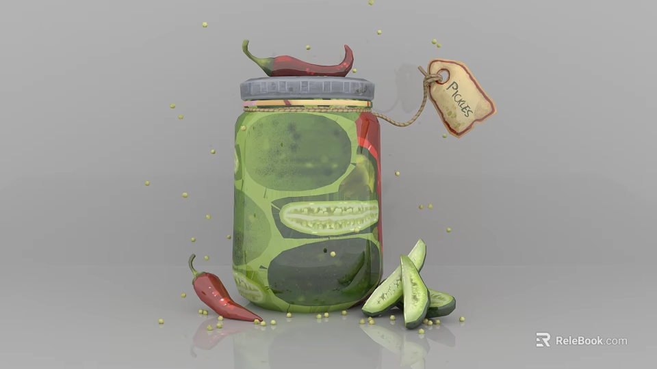 Homemade Pickles In Glass Jar With Red Chili Peppers And Cucumber Slices 3d model 