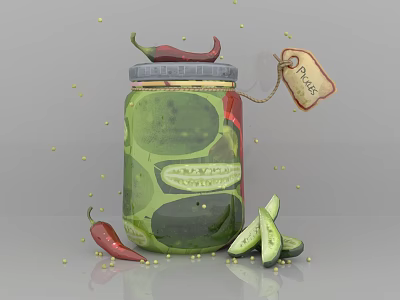 Homemade Pickles In Glass Jar With Red Chili Peppers And Cucumber Slices 3d model
