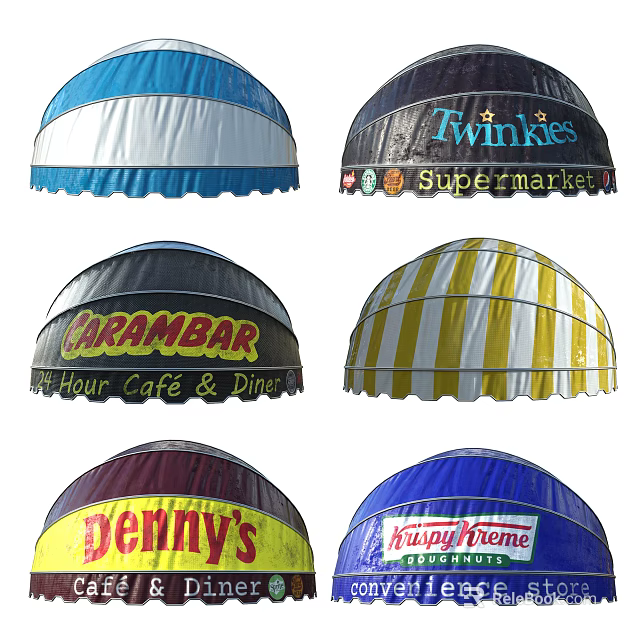 Various Commercial Outdoor Awnings With Branded Logos And Colorful Designs For Cafés And Supermarkets 3d model 