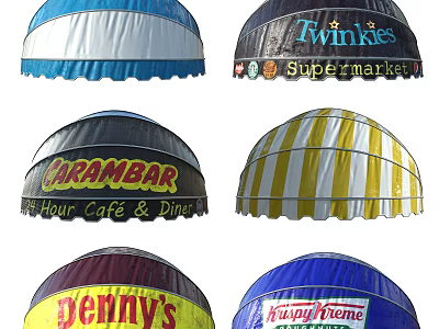 Various Commercial Outdoor Awnings With Branded Logos And Colorful Designs For Cafés And Supermarkets 3d model