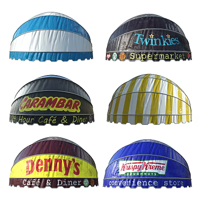 Various Commercial Outdoor Awnings With Branded Logos And Colorful Designs For Cafés And Supermarkets 3d model