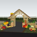 Tranquil Garden Landscape With Wooden Arched Gateway Lush Trees Colorful Flowers And Pathway