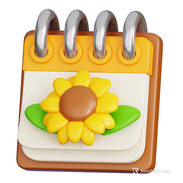 Decorative Ornament Set With Yellow Sunflower And Green Leaves On Coiled Calendar 3d model 
