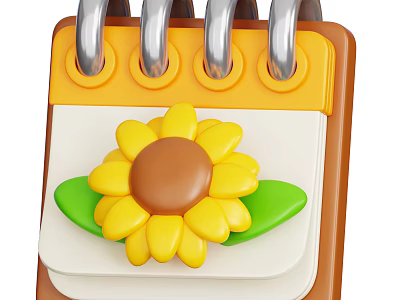 Decorative Ornament Set With Yellow Sunflower And Green Leaves On Coiled Calendar 3d model