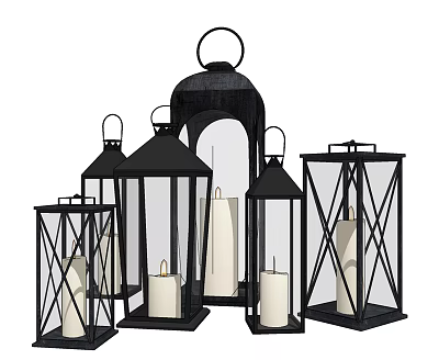 Modern Black Candle Lanterns In Various Sizes With Metal Frames Glass Panels And Candles 3d model
