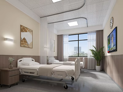 Hospital Ward Room With Beds Bedside Tables Window Curtains TV Plant Paintings And Ceiling Lights 3d model
