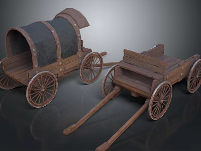Two Vintage Wooden Carts With Canopy And Open Design Wooden Wheels 3d model