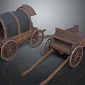 Two Vintage Wooden Carts With Canopy And Open Design Wooden Wheels