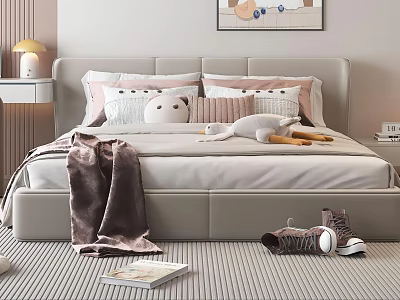 Cozy Kids Bed With Light Gray Headboard Plush Toys And Brown Blanket 3d model