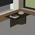 Minimalist Metal Coffee Table With Magazine And Bowl On Gray Rug By Window