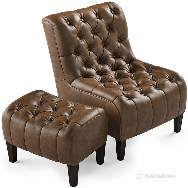 Elegant Brown Leather Single Sofa With Tufted Design And Matching Ottoman 3d model