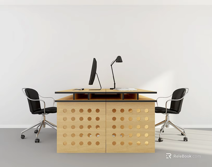 Modern Wooden Office Desk With Computer Monitor Desk Lamp And Black Chairs 3d model 