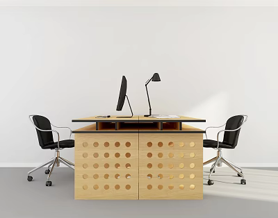 Modern Wooden Office Desk With Computer Monitor Desk Lamp And Black Chairs 3d model