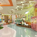 Indoor Colorful Kids Playground with Tree Themed Columns Mushroom Decor and Fun Slides