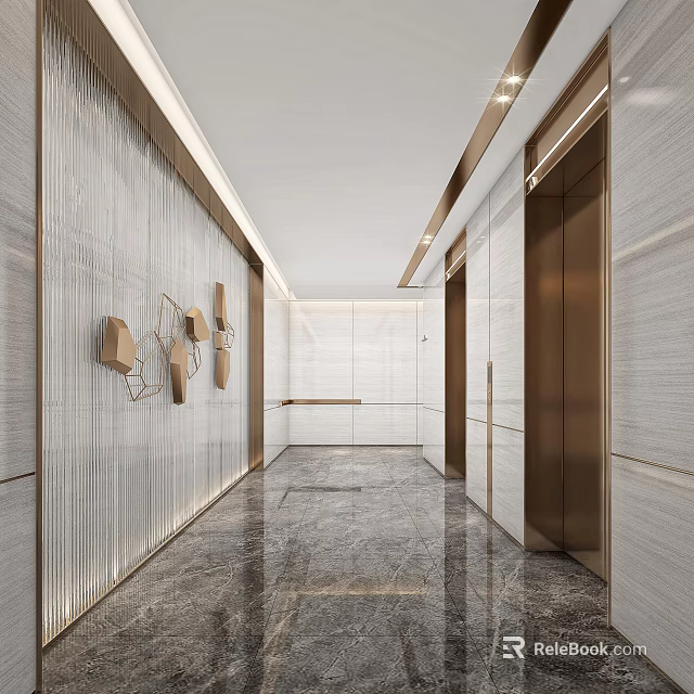 Elegant Modern Elevator Hallway Interior With Marble Flooring Metal Accents Lighting Strips And Wall Artwork 3d model