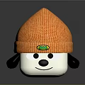 Cute Cartoon Game And Movie Character With Orange Knitted Hat Green Badge And Smiling Face