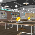 Public Workspace Featuring Wooden Tables Metal Frames Brick Walls Tool Shelves And Pendant Lights