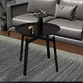 Round Copper Top Coffee Table With Black Metal Legs On Striped Rug And Decorative Items