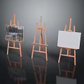 Three Wooden Easels Furniture with One Painting and Two Empty Canvases in Modern Interior Setup