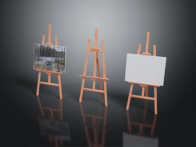Three Wooden Easels Furniture with One Painting and Two Empty Canvases in Modern Interior Setup 3d model