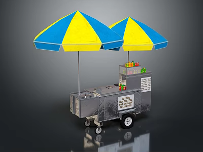 Playful Dog Standing By Hot Dog Cart With Blue Yellow Umbrellas 3d model