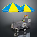Playful Dog Standing By Hot Dog Cart With Blue Yellow Umbrellas