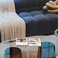 Blue Velvet Sofa Coffee Table Set With Glass Top And Metal Bases In Modern Living Room