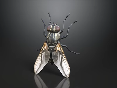 Close Up View Of House Fly With Transparent Wings And Dark Background 3d model