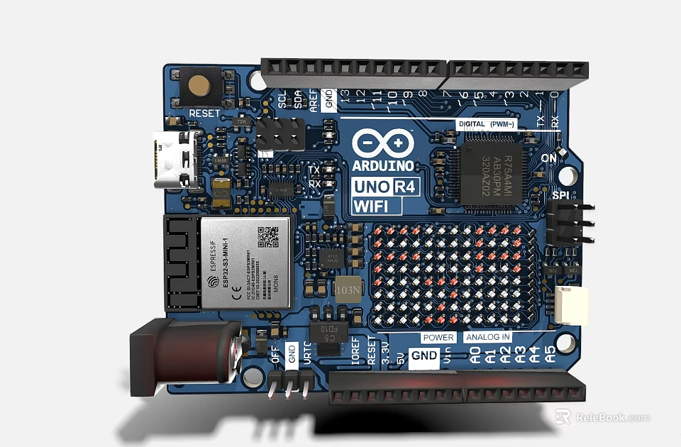 Arduino Uno R4 WiFi Circuit Board With Microcontroller Pins And Electronic Components 3d model