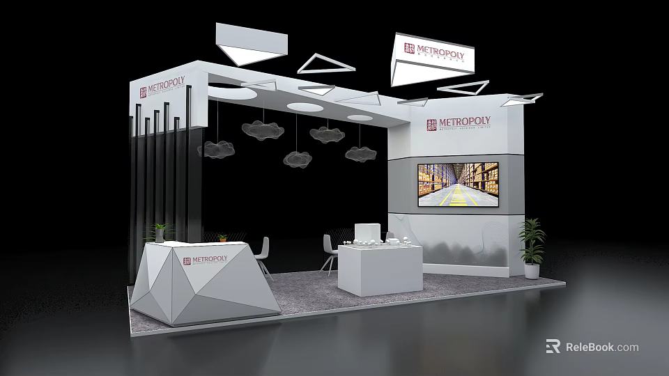 Modern METROPROPY Exhibition Booth Design Featuring Display Screen Hanging Lights And Furniture 3d model 