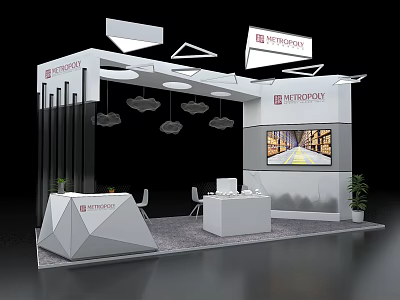 Modern METROPROPY Exhibition Booth Design Featuring Display Screen Hanging Lights And Furniture 3d model
