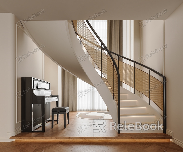 revolving stairs stairwell rattan railing staircase piano carved wood grain floor tile model