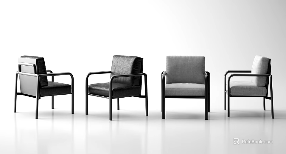 Modern Minimalist Four Armchairs With Different Materials On White Background Smooth Floor 3d model 