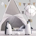 Cozy Teepee Tent With Colorful Bunting Flags Hanging Lantern And Inside Penguin Toys Soft Pillows