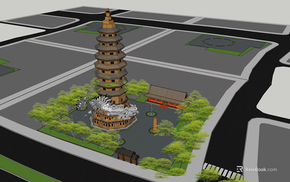 Traditional Multi tiered Pagoda in Landscaped Courtyard With Trees and Small Buildings 3d model 