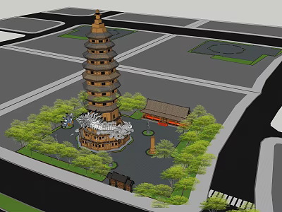 Traditional Multi tiered Pagoda in Landscaped Courtyard With Trees and Small Buildings 3d model