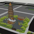 Traditional Multi tiered Pagoda in Landscaped Courtyard With Trees and Small Buildings