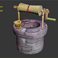 Traditional Stone Well Structure With Wooden Pulley Bucket And Handle