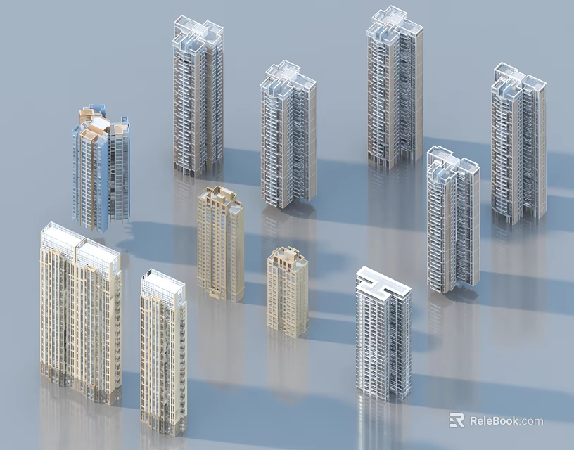 Modern High Rise Residential Buildings With Various Exterior Designs In Urban Setting 3d model 