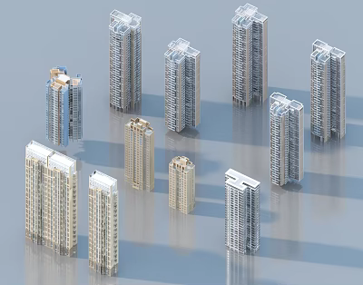 Modern High Rise Residential Buildings With Various Exterior Designs In Urban Setting 3d model