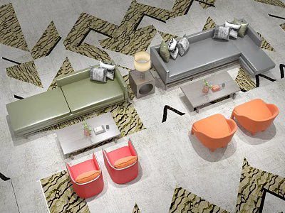 Casual Sofa Set With Gray Green Sofas Coffee Tables And Orange Chairs In Living Room 3d model