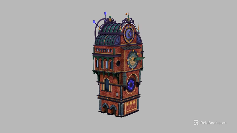 Intricate Clock Tower Building With Red Brick Structure Decorative Dome Ornate Clock And Arched Doorways 3d model 