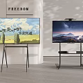 Televisions on Modern Stands with Scenic Landscape and Text Screen Displays