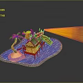 Cartoon Scene With Island Palm Tree Hut Slide Blue Water And Yellow Light Beam