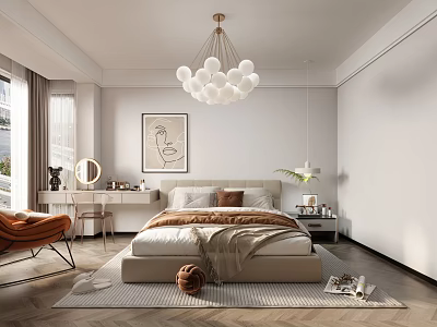 Modern Bedroom Interior With Platform Bed Globe Chandelier Accent Chair And Area Rug 3d model