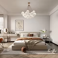 Modern Bedroom Interior With Platform Bed Globe Chandelier Accent Chair And Area Rug