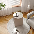 Modern Minimalist Side Table In Living Room With Grey Armchair Wooden Floor And Green Plant
