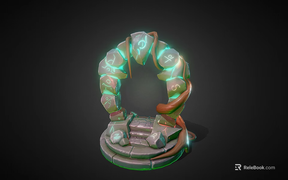 Mystical Stone Arch With Glowing Green Runes And Decorative Vines On Steps 3d model 