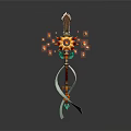 Ornate Staff Weapon With Sunburst Top Flames Green Gemstones And Ribbons